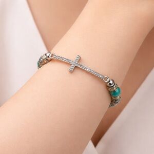 Sideways Cross Stretch Bracelet with Turquoise Beads & Crystal Rhinestones